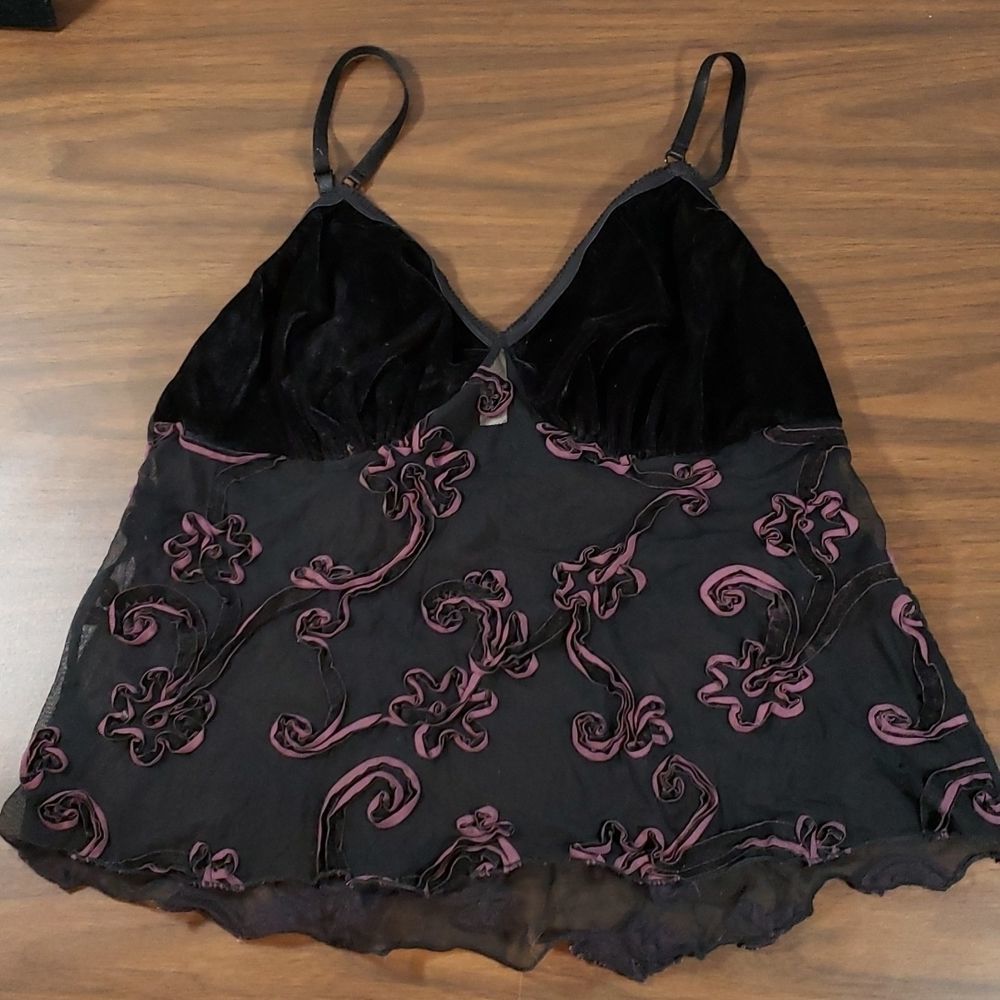 Cacique Babydoll Sheer Velvet‎ with Ribbon Floral Design Black & Purple 18/20